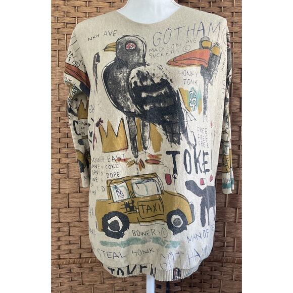 Ellazhu Graphic Grafitti Drawing Print Oversized Sweater Crow Taxi No Size Tag - Picture 1 of 10
